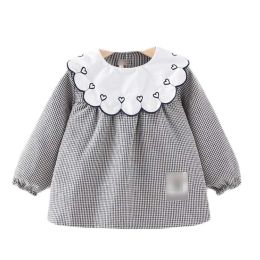 Black Grid Baby Eating Smock - Long Sleeve Inner Waterproof Baby Bibs Girls Painting Smock Apron