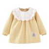 Yellow Grid Baby Eating Smock - Long Sleeve Inner Waterproof Baby Bibs Girls Painting Smock Apron