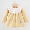 Yellow Grid Baby Eating Smock - Long Sleeve Inner Waterproof Baby Bibs Girls Painting Smock Apron