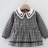 Black Grid Baby Smock - Infant Eating Inner Waterproof Bib Girls Long Sleeve Painting Smock Apron
