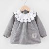 Black Grid Baby Eating Smock - Long Sleeve Inner Waterproof Baby Bibs Girls Painting Smock Apron