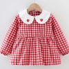 Red Grid Baby Eating Smock - Infant Inner Waterproof Bibs Girls Long Sleeve Painting Smock Apron