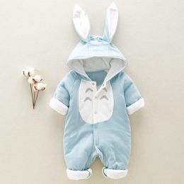 Cotton Padded Cotton Baby Romper - thickened chinchilla hooded climbing clothes (Option: Blue-73cm)